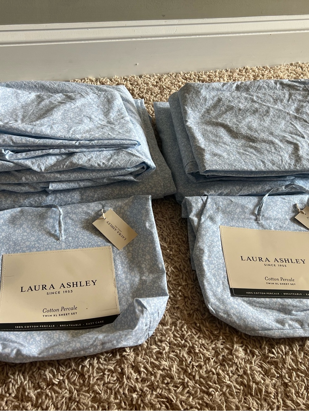 Laura Ashley Sky Blue Cotton Percale Twin XL Sheet Set with White Floral Print